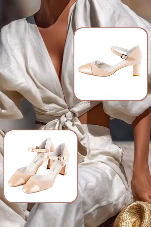 Women's powder pink open side dress shoes, with an instep strap. Round toe. Medium block heels - Worn view